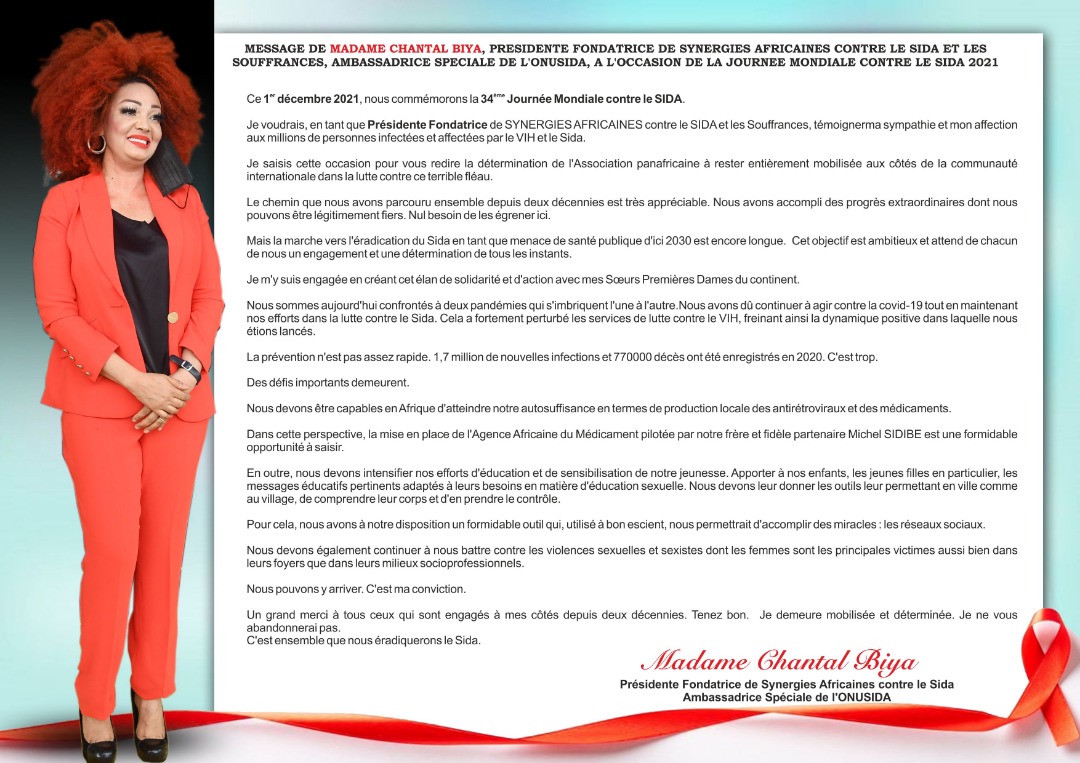 You are currently viewing JOURNEE MONDIALE CONTRE LE SIDA 2021 : MESSAGE DE MADAME CHANTAL BIYA